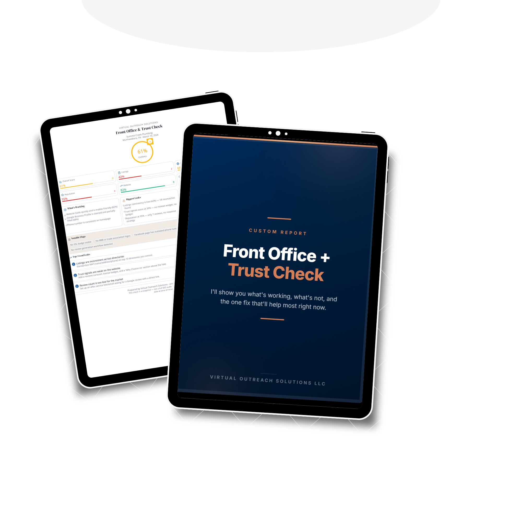 Sample Front Office + Trust Check report shown on two tablets